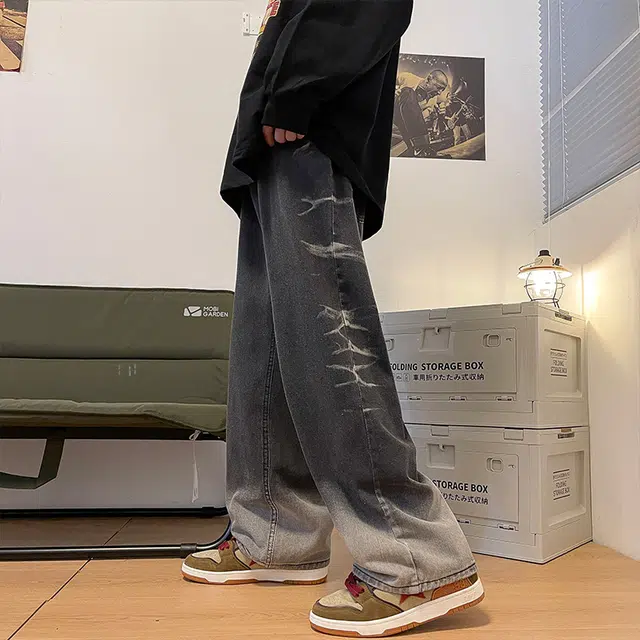 雅鹿 渐变薄款直筒阔腿高街宽松休闲百搭牛仔裤 男女同款