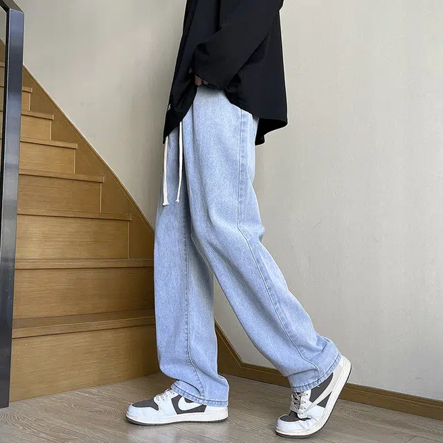 雅鹿 复古直筒系带松紧腰水洗宽松休闲百搭牛仔裤 男款