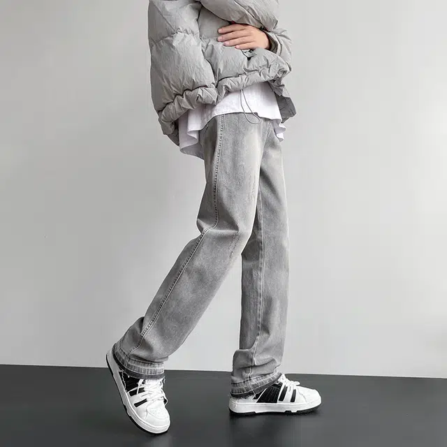 雅鹿 美式高街复古百搭直筒宽松水洗耐磨中腰牛仔裤 男款 浅烟灰