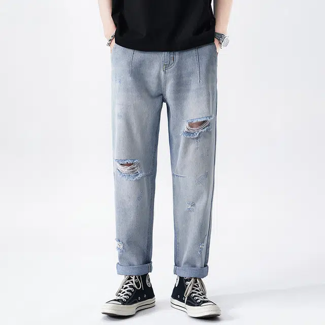 雅鹿 直筒宽松破洞水洗牛仔裤 男款 浅蓝