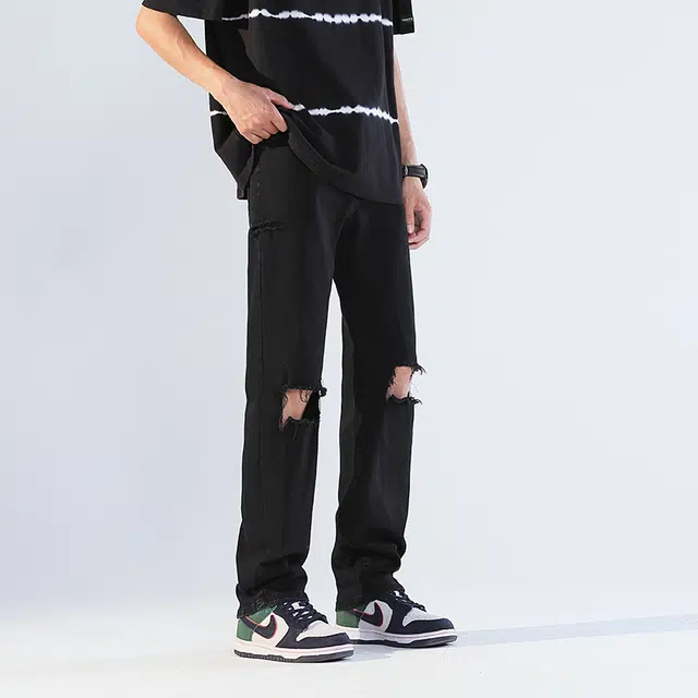 雅鹿 破洞百搭中腰高街水洗直筒修身做旧耐磨牛仔裤 男款 黑色