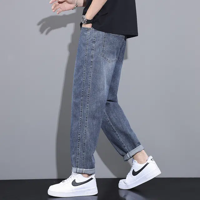 雅鹿 弹力水洗百搭休闲直筒小脚复古宽松潮牌锥形抽绳时尚牛仔裤 男款 蓝色