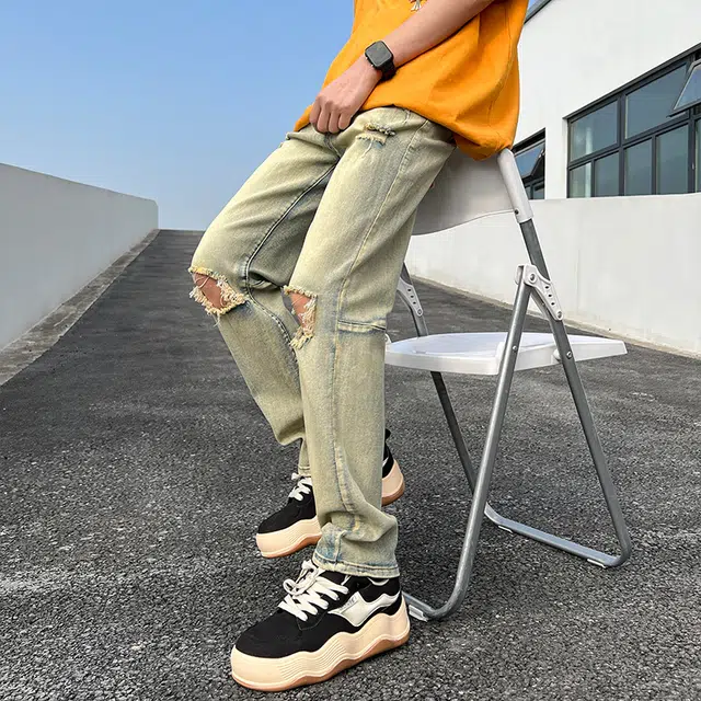 雅鹿 中腰宽松破洞潮牌高街百搭休闲阔腿垂感牛仔裤 男款