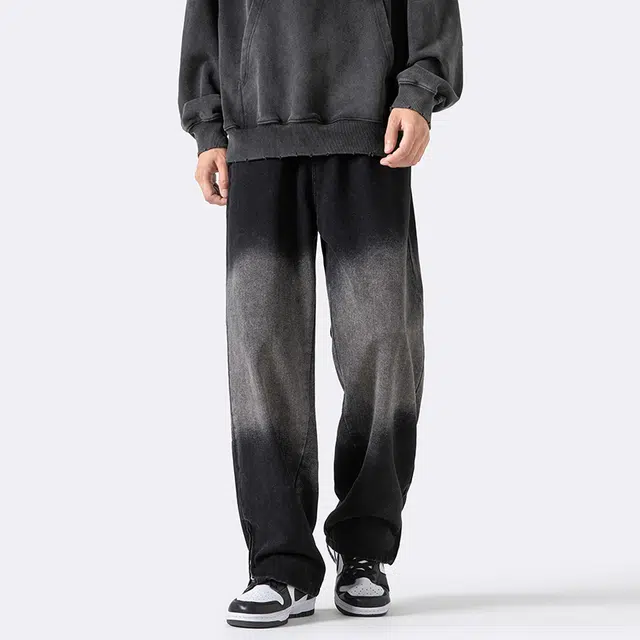 雅鹿 渐变百搭潮牌宽松阔腿百搭直筒休闲垂感显瘦水洗复古牛仔裤 男款 黑色