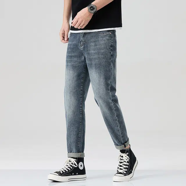 雅鹿 复古水洗做旧美式宽松直筒休闲牛仔裤 男款 深蓝