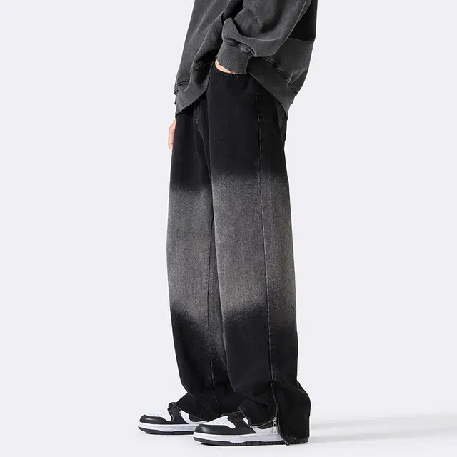 雅鹿 渐变百搭潮牌宽松阔腿百搭直筒休闲垂感显瘦水洗复古牛仔裤 男款 黑色