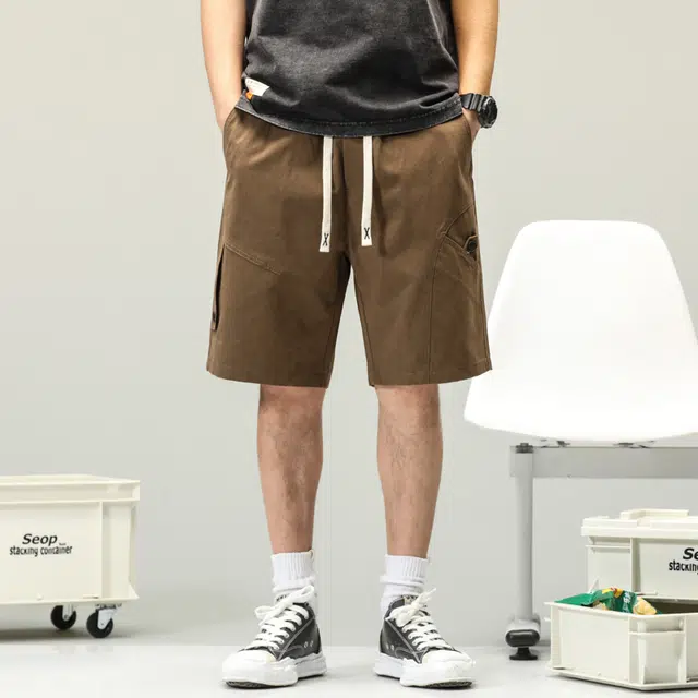 雅鹿 潮牌美式工装五分裤百搭纯棉中腰系带薄款纯色简约休闲短裤 男款