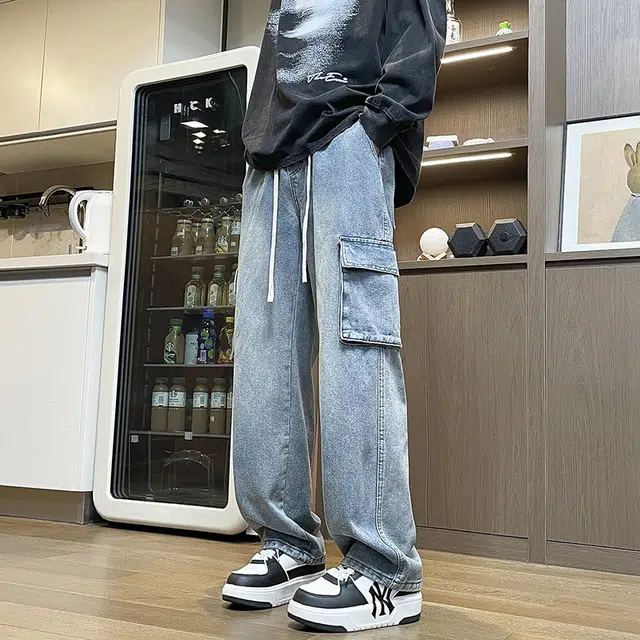 雅鹿 美式复古工装百搭系带宽松牛仔裤 男款