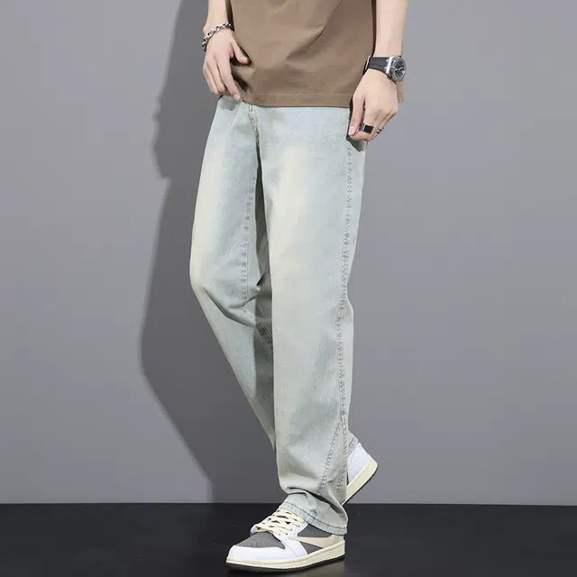 雅鹿 高街复古水洗做旧百搭休闲宽松直筒牛仔裤 男款