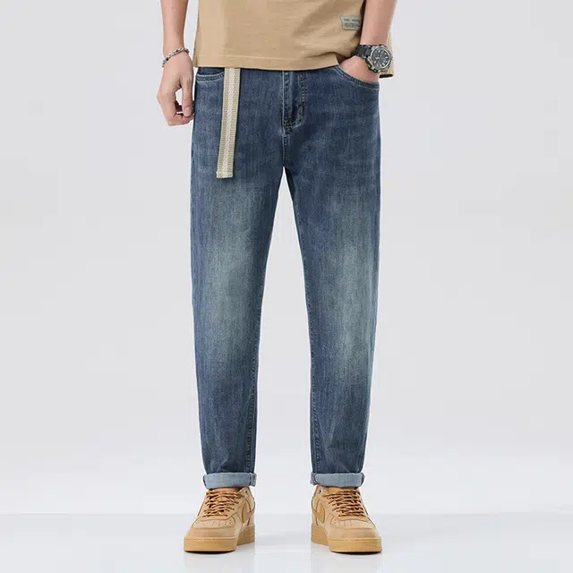 雅鹿 宽松休闲锥形九分中腰牛仔裤 男款 蓝色