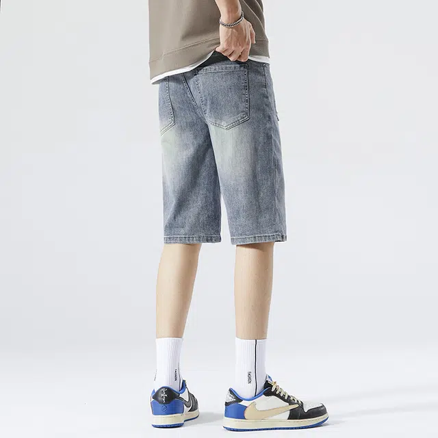 雅鹿 破洞宽松水洗耐磨中腰牛仔短裤 男款 蓝色