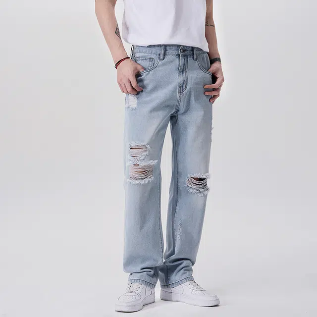 雅鹿 宽松百搭直筒休闲水洗怀旧潮牌高街美式破洞牛仔裤 男款 冰山蓝