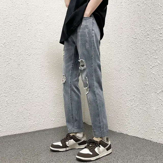 雅鹿 破洞直筒阔腿宽松垂感牛仔裤 男款