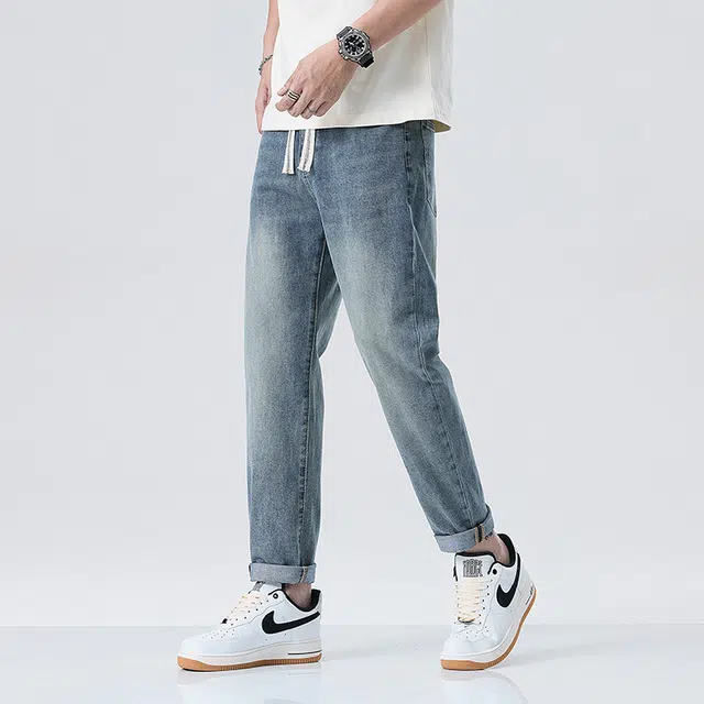 雅鹿 美式复古潮牌宽松水洗直筒牛仔裤 男款 深蓝