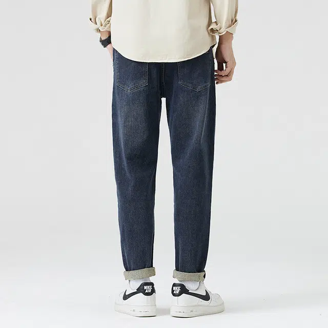雅鹿 美式纯色做旧中腰拉链修身锥形垂感百搭休闲水洗耐磨牛仔裤 男款 蓝色