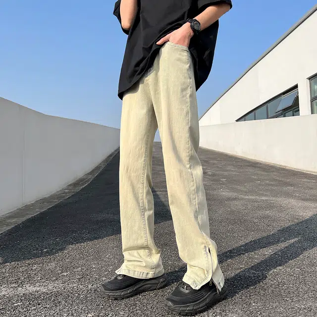 雅鹿 美式开叉直筒复古做旧耐磨水洗牛仔裤 男女同款 泥黄