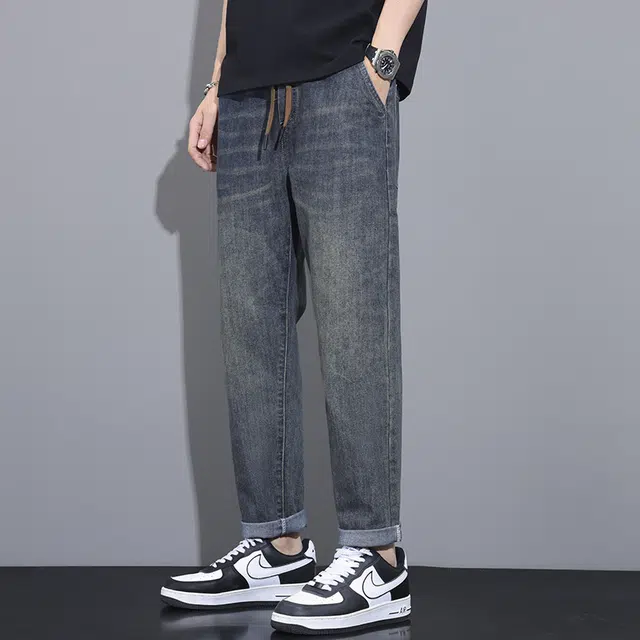 雅鹿 抽绳松紧腰直筒水洗系带牛仔裤 男款 复古蓝