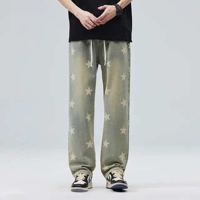 雅鹿 黄泥星星宽松阔腿百搭直筒系带中腰水洗耐磨潮牌牛仔裤 男款 泥黄
