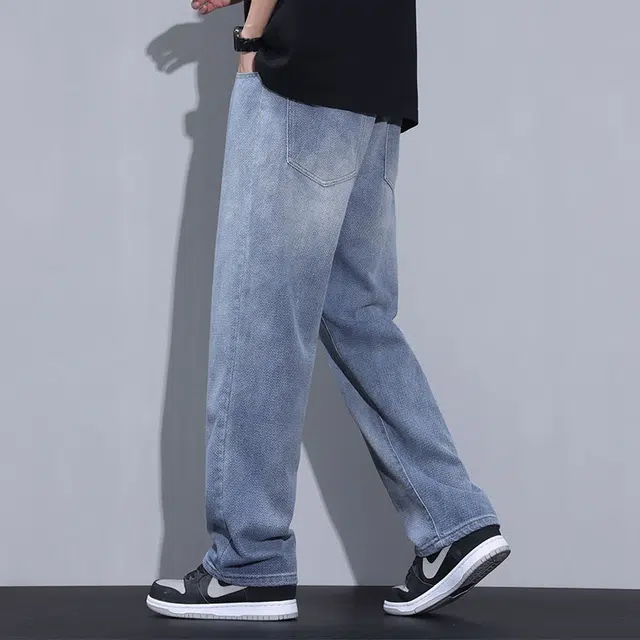 雅鹿 宽松阔腿百搭直筒复古水洗耐磨中腰做旧牛仔裤 男款