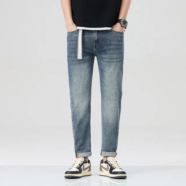 雅鹿 美式百搭直筒薄款弹力休闲耐磨牛仔裤 男款 蓝色