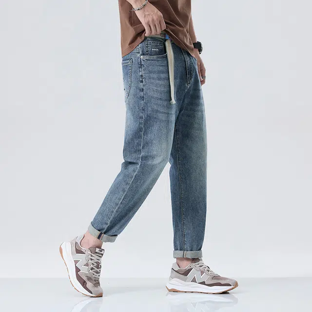 雅鹿 简约百搭水洗宽松直筒哈伦牛仔裤 男款 蓝色