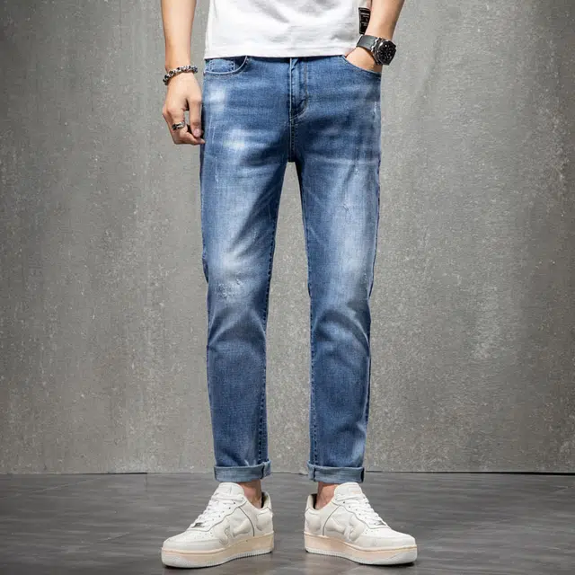 雅鹿 弹力修身直筒哈伦水洗做旧九分牛仔裤 男款 蓝色