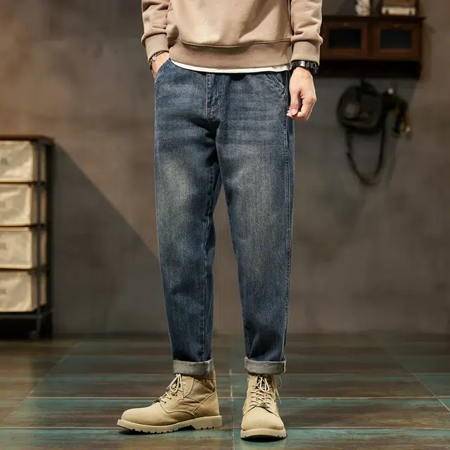 雅鹿 休闲百搭哈伦修身小直筒复古高街水洗耐磨牛仔裤 男款 怀旧蓝