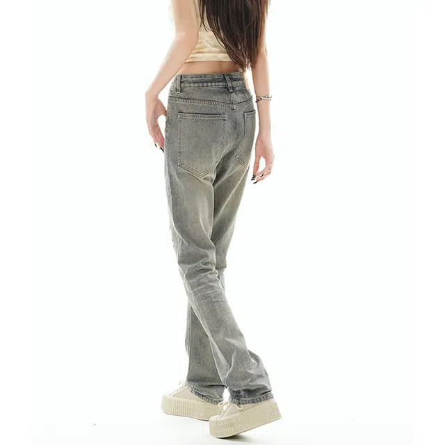 雅鹿 破洞复古百搭宽松阔腿微喇休闲水洗耐磨牛仔裤 男女同款 怀旧蓝