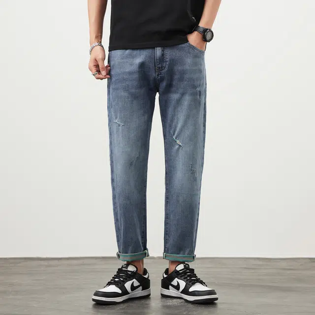 雅鹿 宽松直筒破洞中腰牛仔裤 男款 蓝色