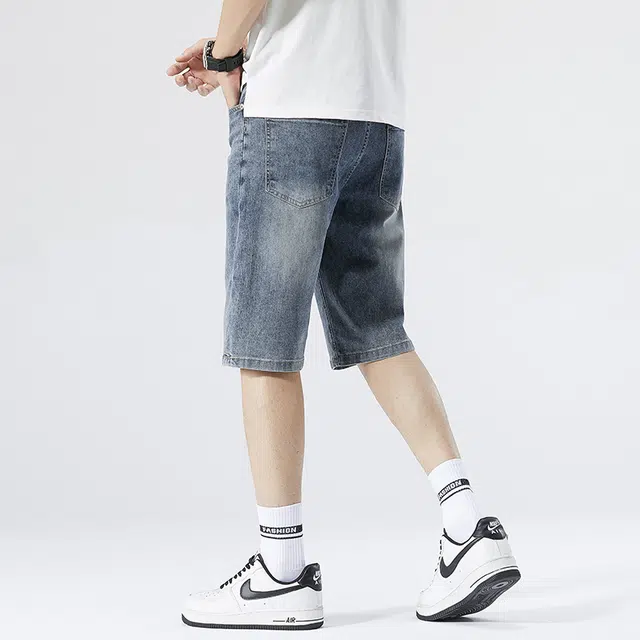 雅鹿 系带中腰时尚潮牌百搭水洗耐磨薄款高街五分牛仔短裤 男款 蓝灰