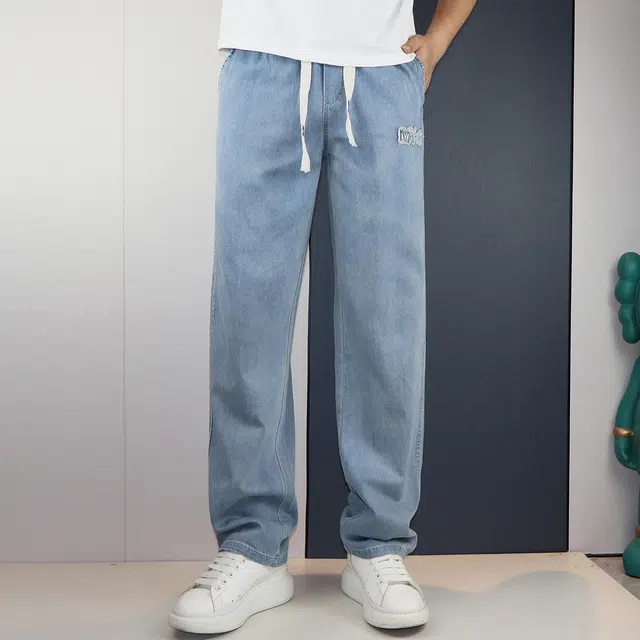 雅鹿 中腰宽松系带牛仔裤 男款 浅蓝