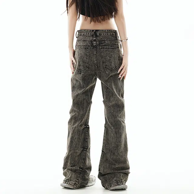 雅鹿 微喇潮牌做旧百搭休闲宽松阔腿水洗耐磨高腰牛仔裤 男女同款