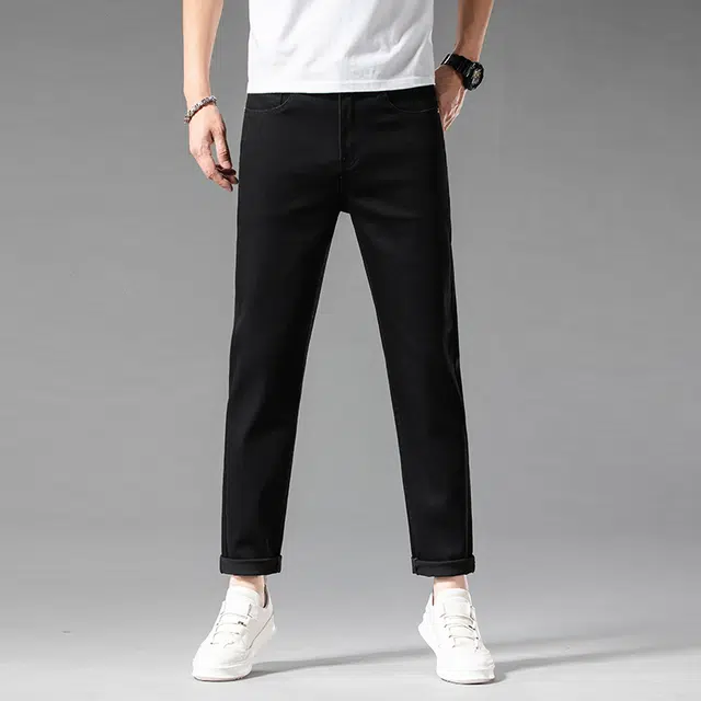 雅鹿 潮牌美式纯色直筒修身中腰牛仔裤 男款