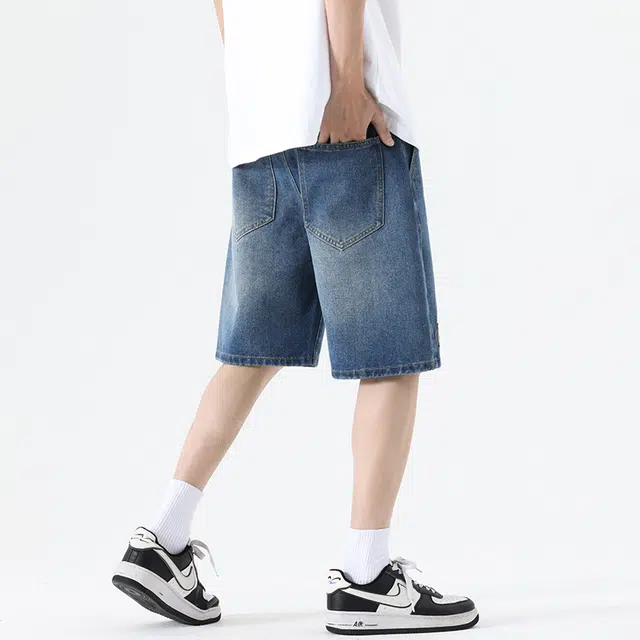 雅鹿 字母纯色松紧腰宽松百搭水洗耐磨休闲薄款牛仔短裤 男款