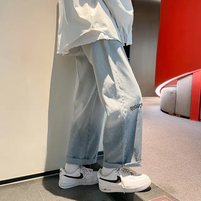 雅鹿 美式高街渐变宽松直筒阔腿休闲牛仔裤 男女同款