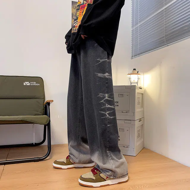 雅鹿 渐变薄款直筒阔腿高街宽松休闲百搭牛仔裤 男女同款