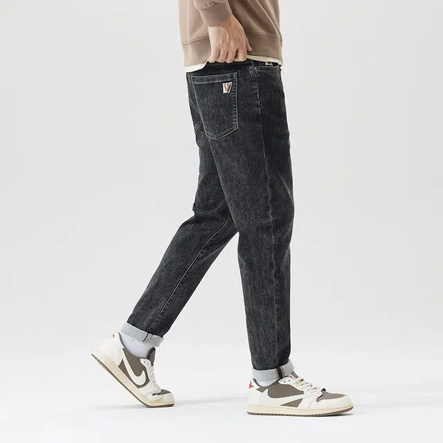 雅鹿 韩版修身直筒裤弹力时尚百搭牛仔裤 男款 黑灰