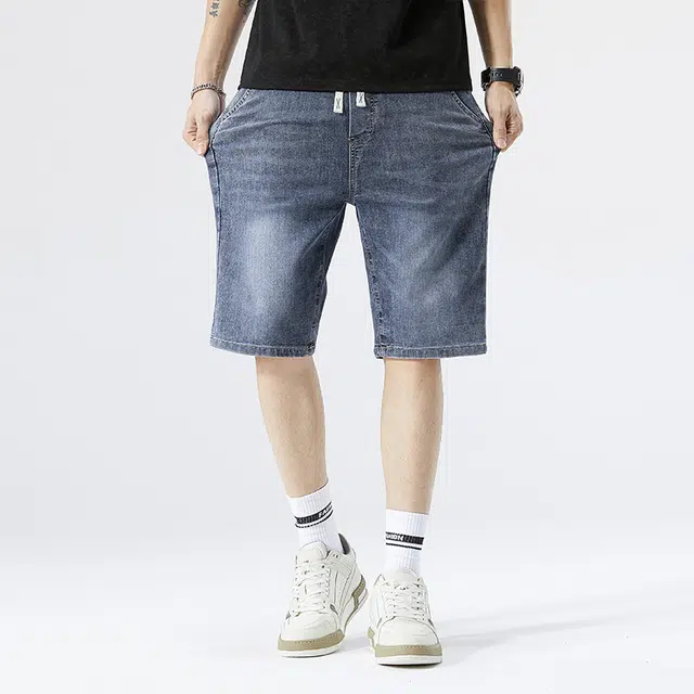 雅鹿 百搭时尚宽松水洗耐磨美式复古五分裤牛仔短裤 男款 蓝色