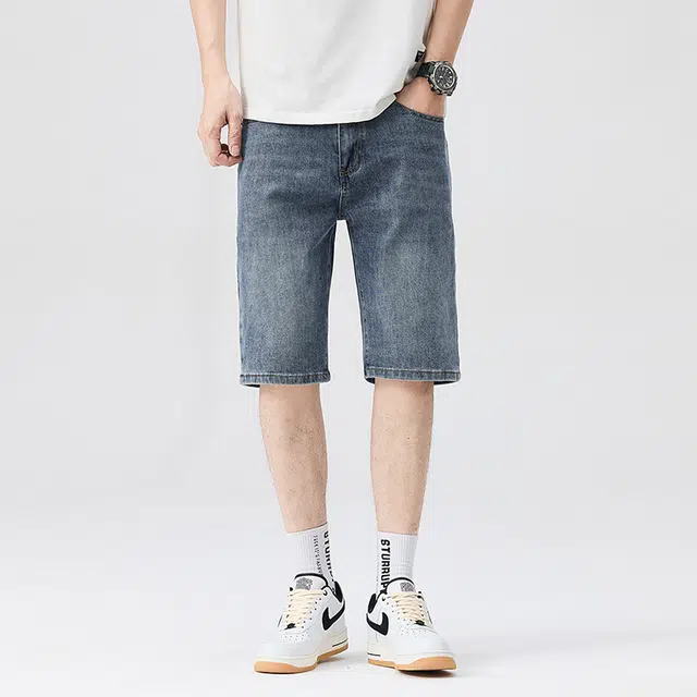 雅鹿 休闲百搭宽松薄款直筒五分裤牛仔短裤 男款 蓝色