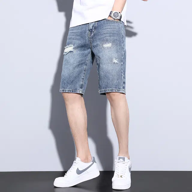 雅鹿 美式潮牌时尚宽松休闲五分裤牛仔短裤 男款 蓝色