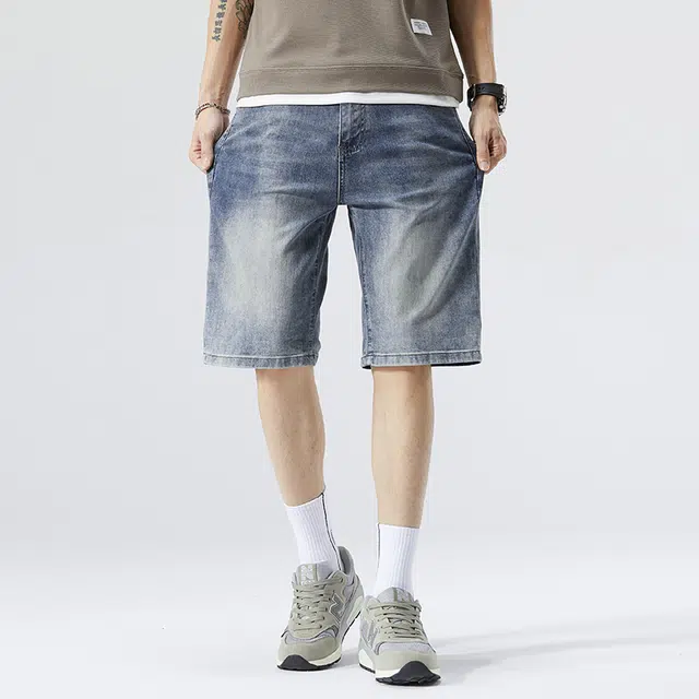 雅鹿 水洗中腰宽松直筒水洗耐磨牛仔短裤 男款 蓝色