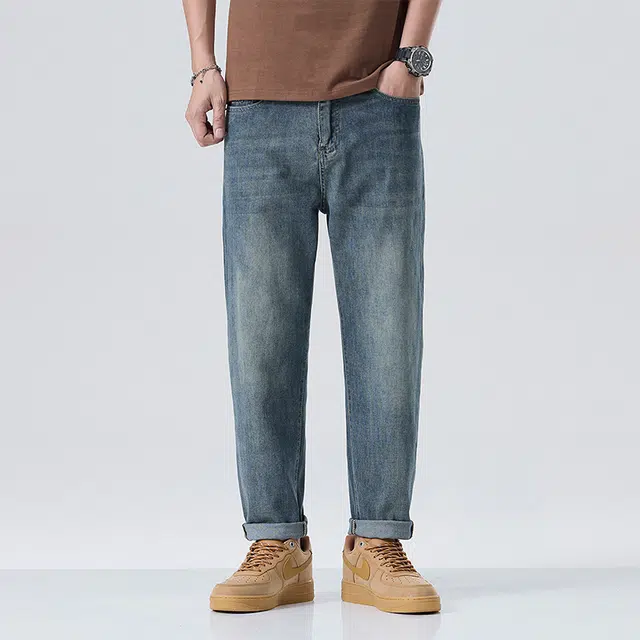 雅鹿 直筒九分中腰拉链牛仔裤 男款 蓝色