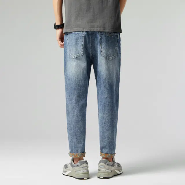 雅鹿 水洗做旧简约穿搭美式宽松直筒裤潮牌休闲长裤牛仔裤 男款 蓝色
