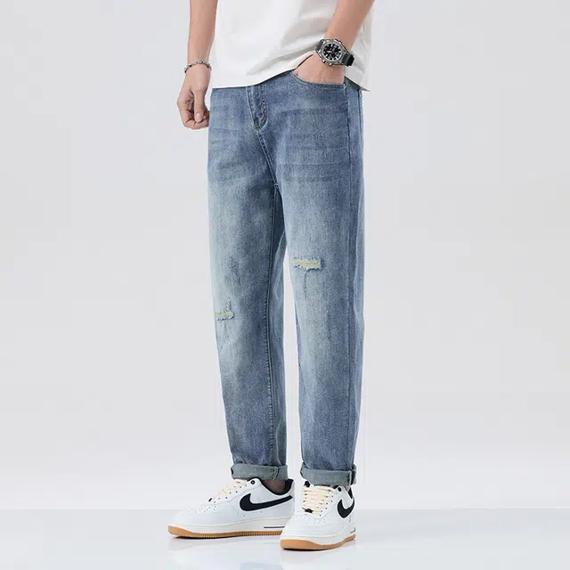 雅鹿 复古宽松直筒哈伦破洞牛仔裤 男款 蓝色