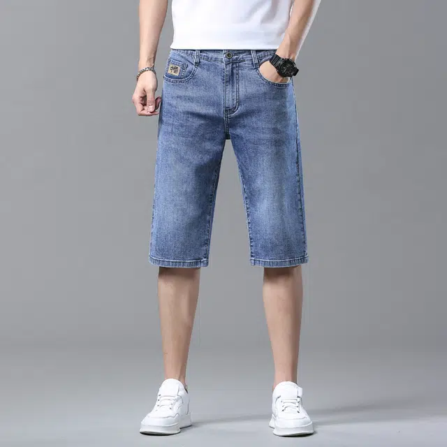 雅鹿 薄款直筒宽松休闲美式潮牌五分水洗耐磨牛仔短裤 男款 磨白蓝