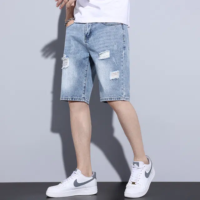 雅鹿 破洞美式宽松水洗耐磨休闲直筒牛仔短裤 男款 蓝色