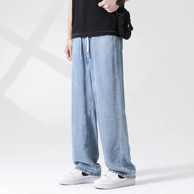 雅鹿 薄款百搭宽松直筒水洗做旧牛仔裤 男款