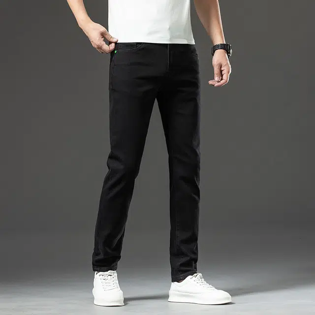 雅鹿 纯色简约直筒休闲牛仔裤 男款 黑色