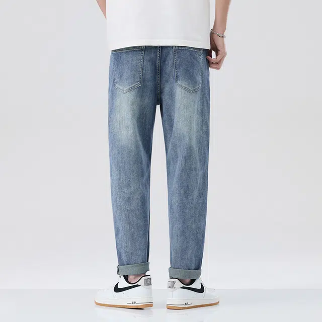 雅鹿 复古宽松直筒哈伦破洞牛仔裤 男款 蓝色