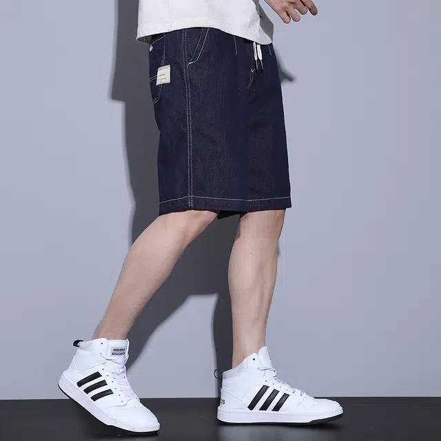 雅鹿 纯色简约潮牌中腰系带宽松百搭时尚五分牛仔短裤 男款 蓝色